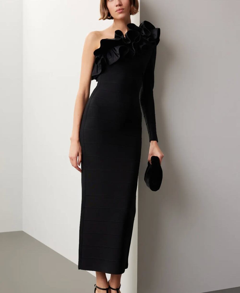 Herve Leger Black One-Shoulder Ruffle Maxi Dress